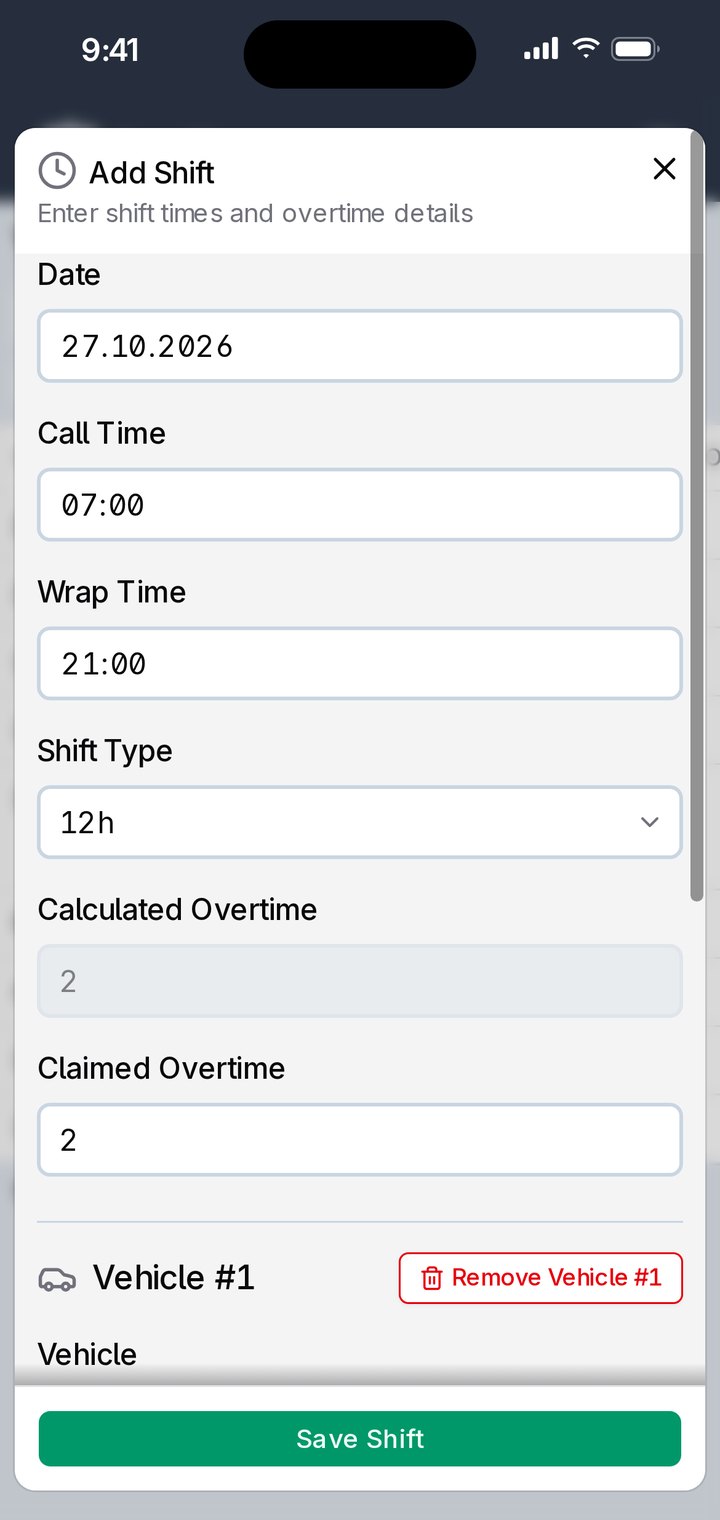Crew member adds a shift: call time, wrap time and calculated overtime