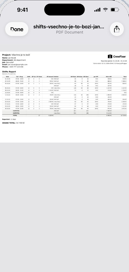 Shifts Report PDF with hours, overtime and kilometres for the whole period